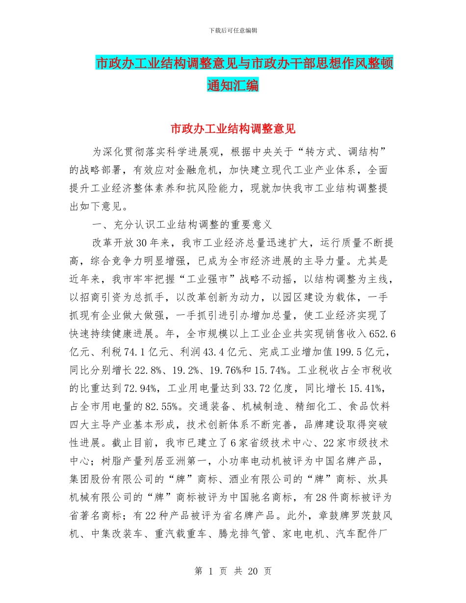 市政办工业结构调整意见与市政办干部思想作风整顿通知汇编_第1页
