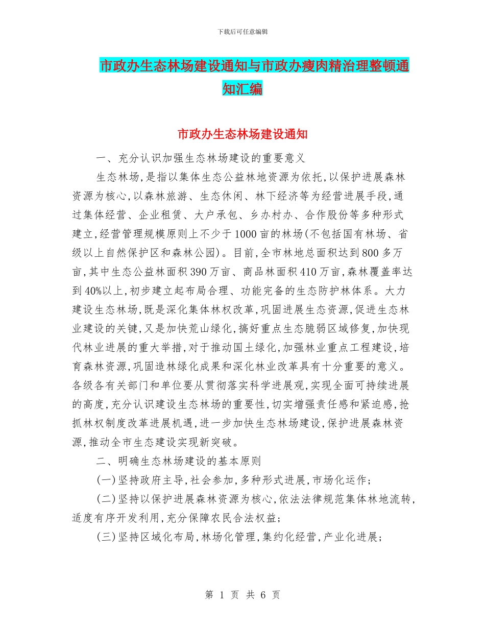 市政办生态林场建设通知与市政办瘦肉精治理整顿通知汇编_第1页