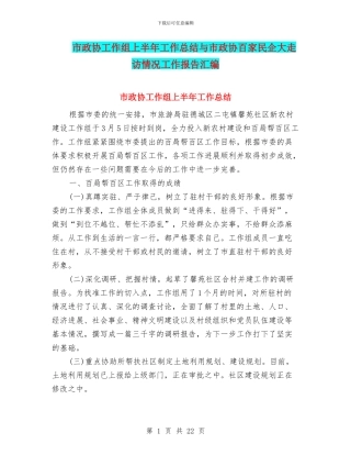市政协工作组上半年工作总结与市政协百家民企大走访情况工作报告汇编
