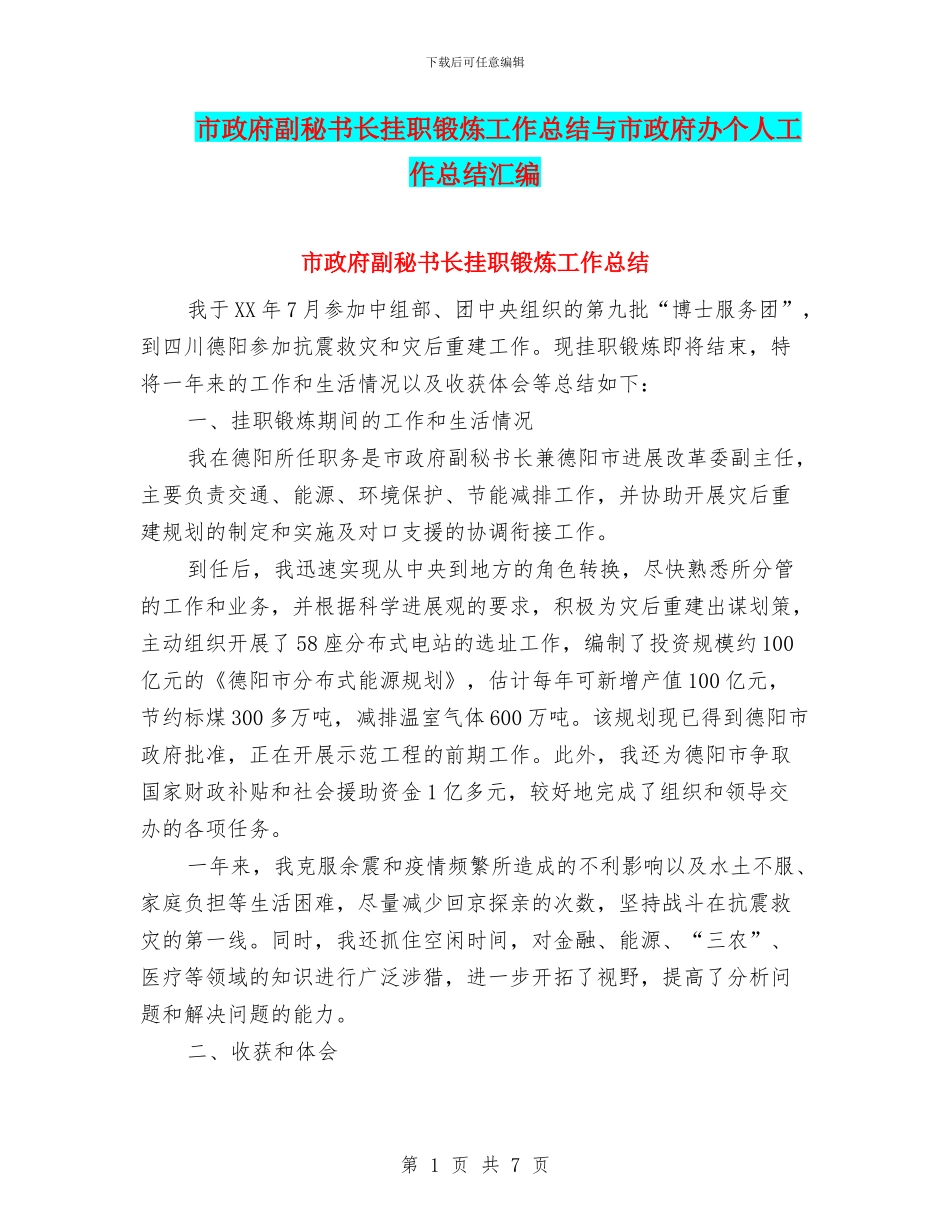 市政府副秘书长挂职锻炼工作总结与市政府办个人工作总结汇编_第1页