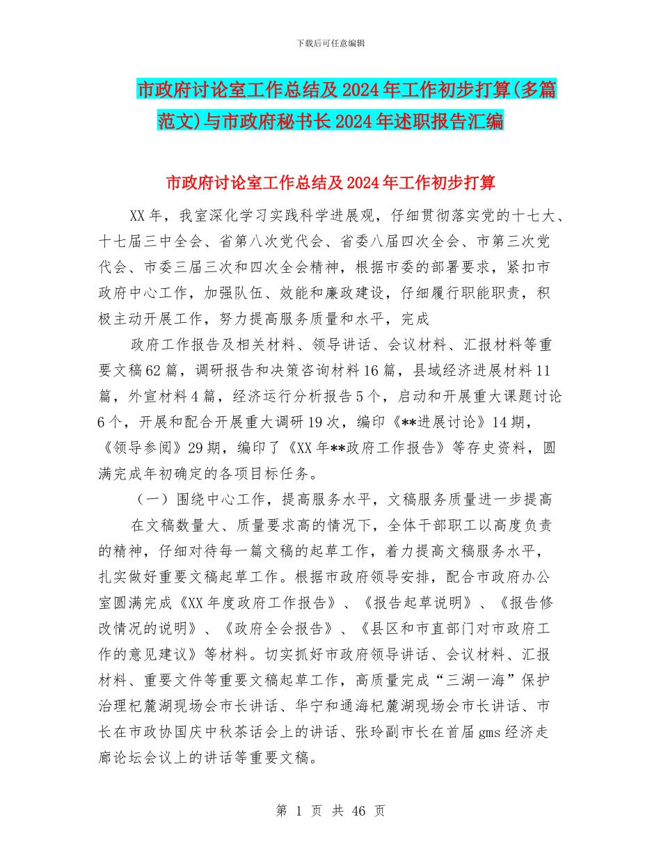 市政府研究室工作总结及2024年工作初步打算与市政府秘书长2024年述职报告汇编_第1页