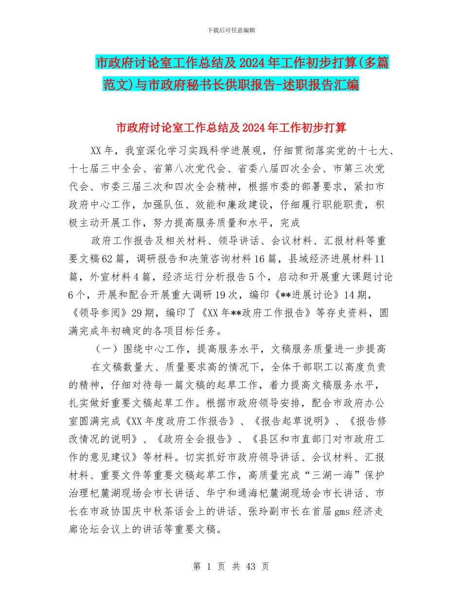 市政府研究室工作总结及2024年工作初步打算与市政府秘书长供职报告_第1页