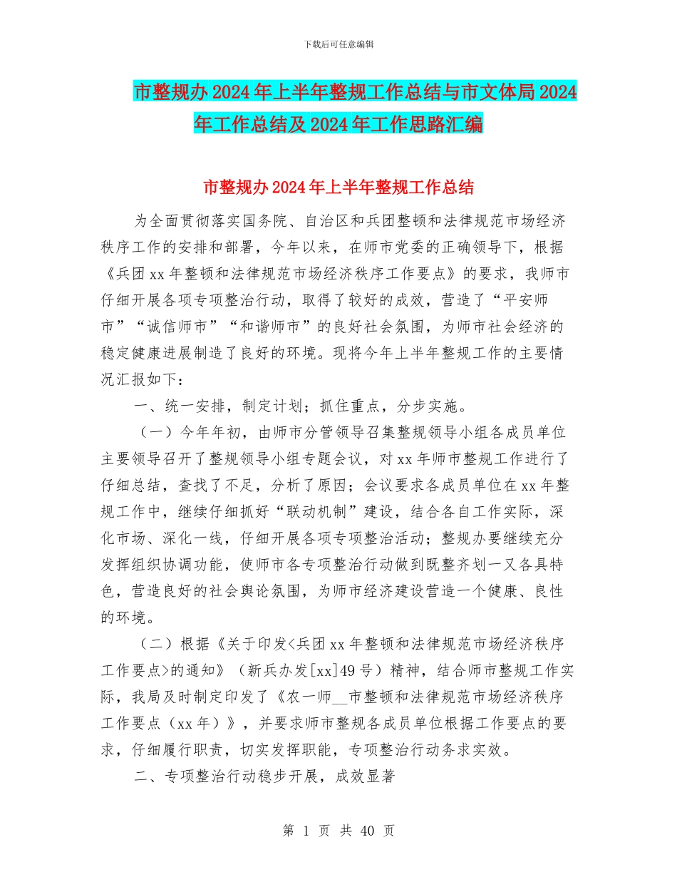 市整规办2024年上半年整规工作总结与市文体局2024年工作总结及2024年工作思路汇编_第1页