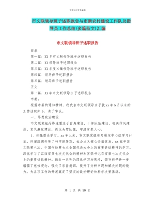 市文联领导班子述职报告与市新农村建设工作队及指导员工作总结汇编