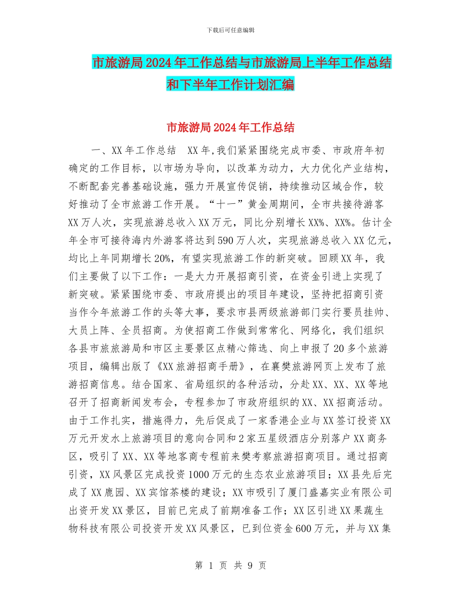 市旅游局2024年工作总结与市旅游局上半年工作总结和下半年工作计划汇编_第1页