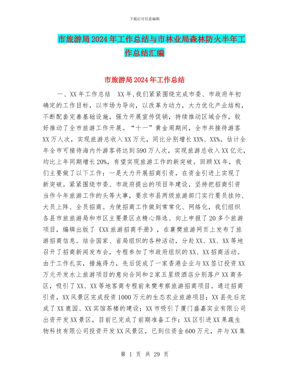 市旅游局2024年工作总结与市林业局森林防火半年工作总结汇编_第1页
