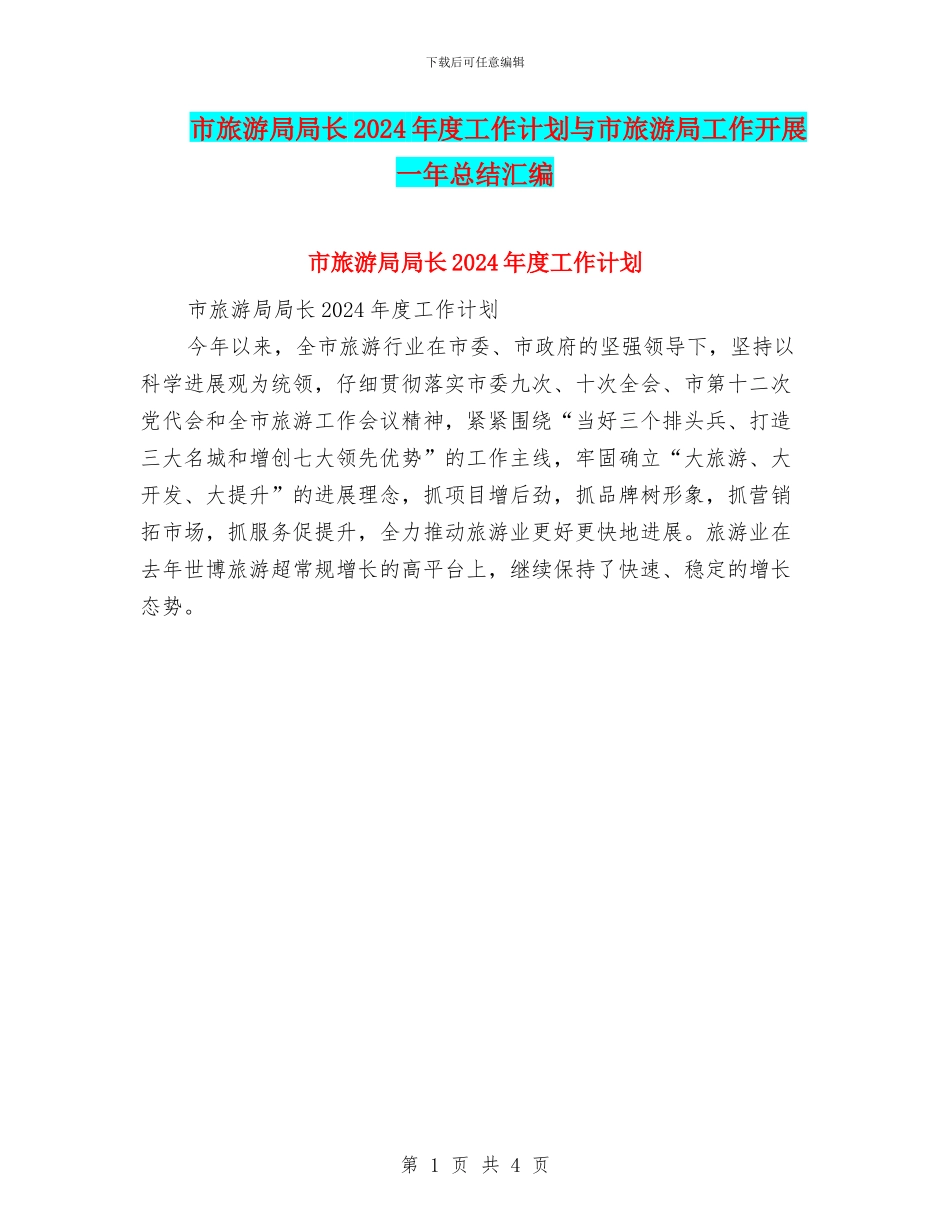 市旅游局局长2024年度工作计划与市旅游局工作开展一年总结汇编_第1页
