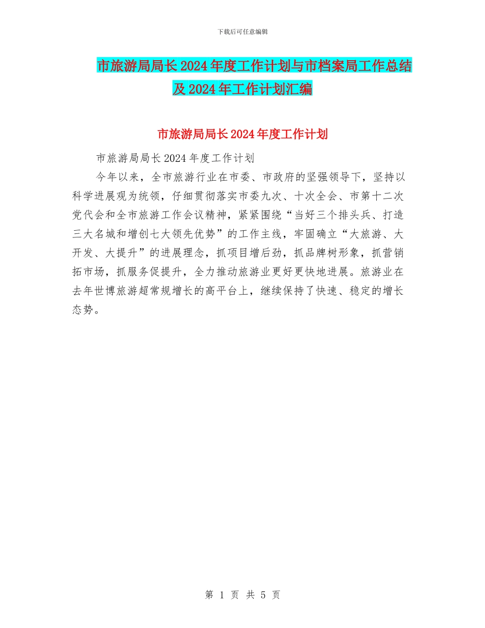 市旅游局局长2024年度工作计划与市档案局工作总结及2024年工作计划汇编_第1页