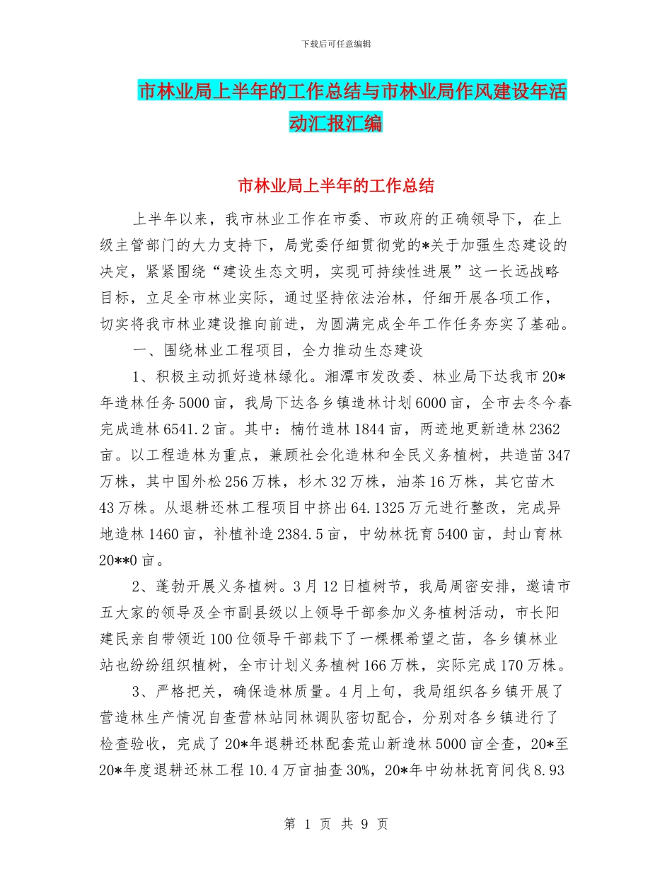 市林业局上半年的工作总结与市林业局作风建设年活动汇报汇编_第1页