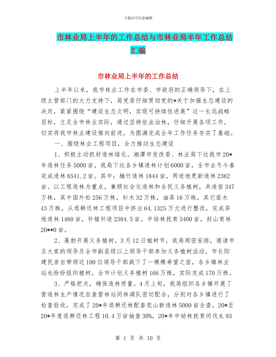 市林业局上半年的工作总结与市林业局半年工作总结汇编_第1页