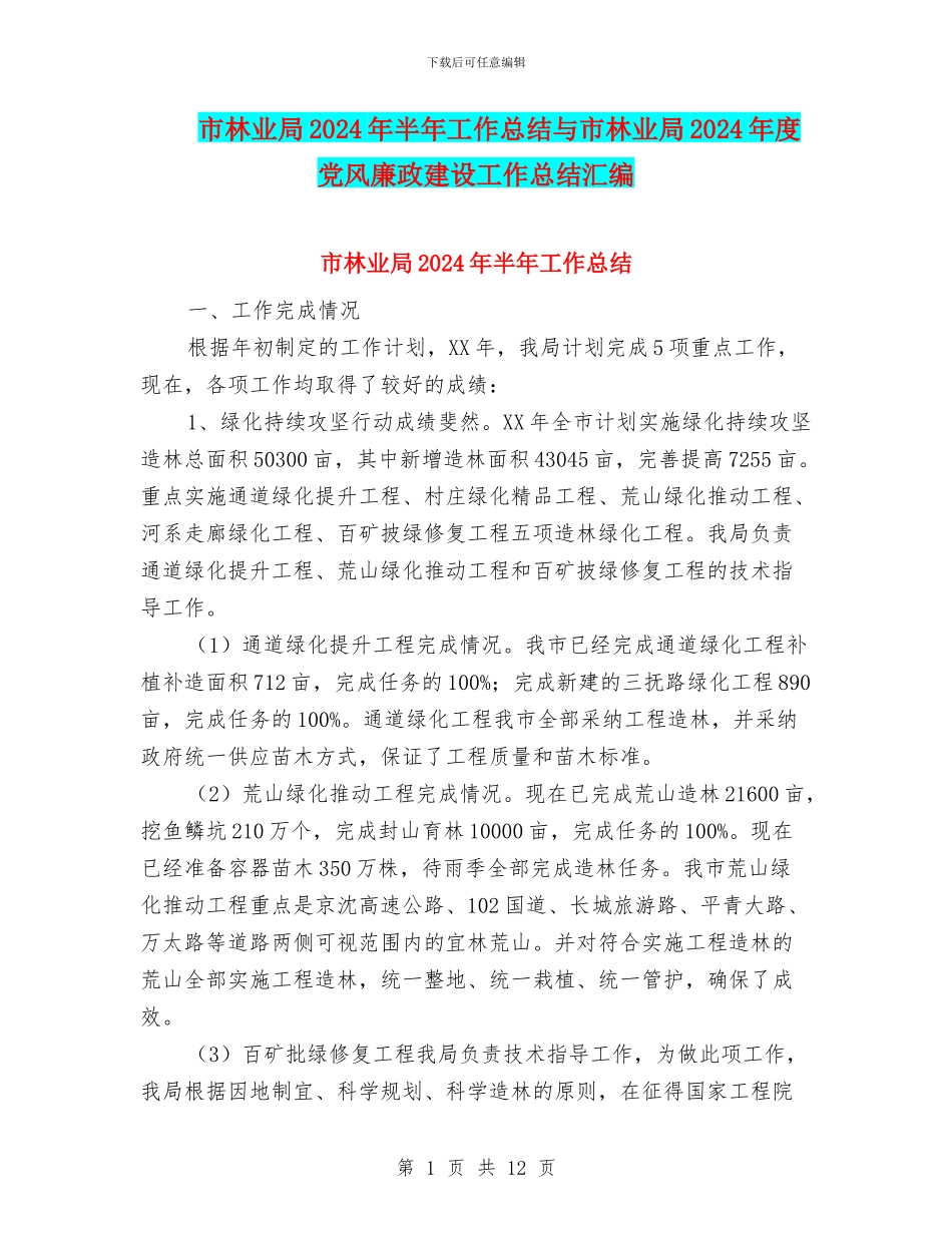 市林业局2024年半年工作总结与市林业局2024年度党风廉政建设工作总结汇编_第1页