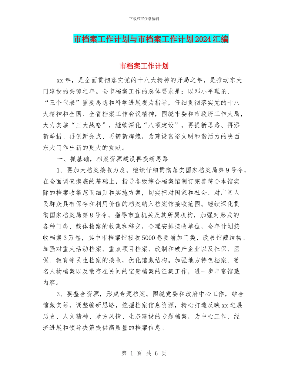 市档案工作计划与市档案工作计划2024汇编_第1页