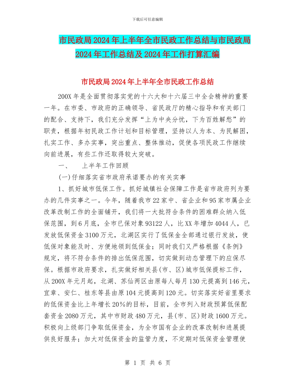 市民政局2024年上半年全市民政工作总结与市民政局2024年工作总结及2024年工作打算汇编_第1页