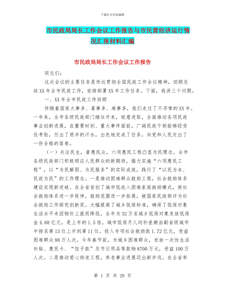 市民政局局长工作会议工作报告与市民营经济运行情况汇报材料汇编_第1页