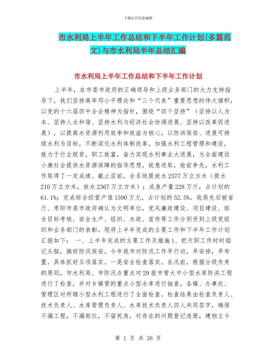 市水利局上半年工作总结和下半年工作计划与市水利局半年总结汇编_第1页