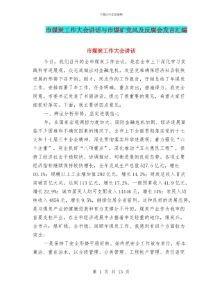 市煤炭工作大会讲话与市煤矿党风及反腐会发言汇编