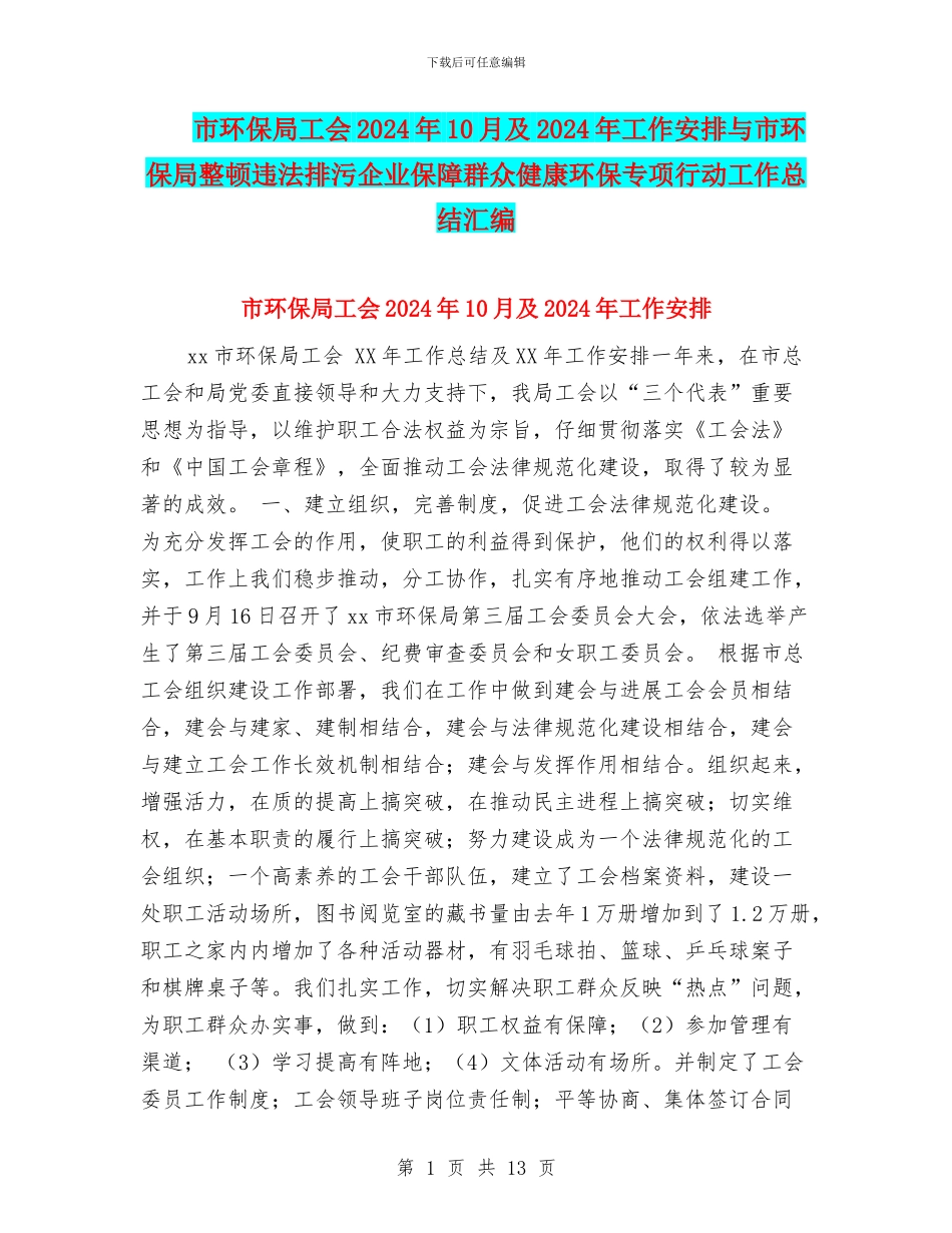 市环保局工会2024年10月及2024年工作安排与市环保局整顿违法排污企业保障群众健康环保专项行动工作总结汇编_第1页