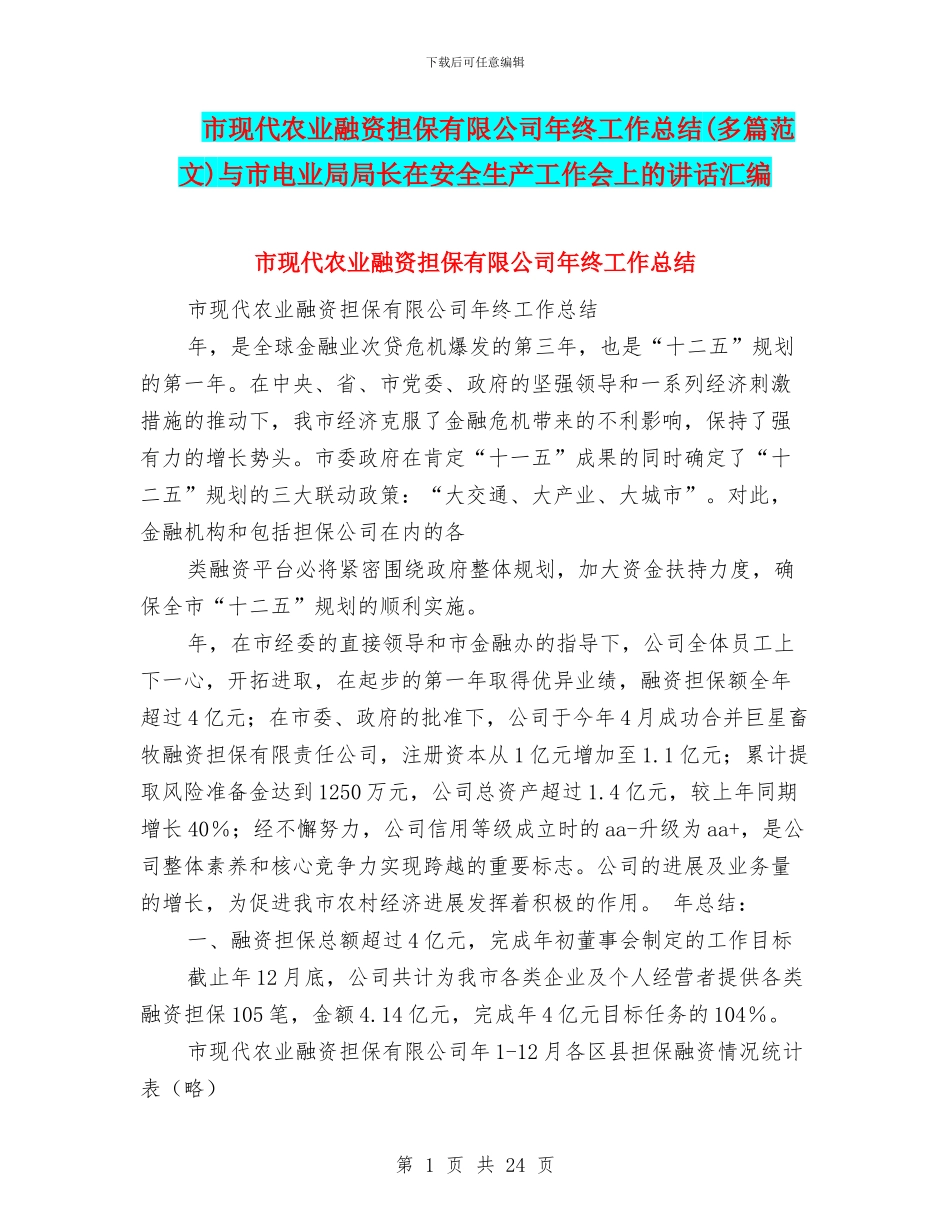 市现代农业融资担保有限公司年终工作总结与市电业局局长在安全生产工作会上的讲话汇编_第1页