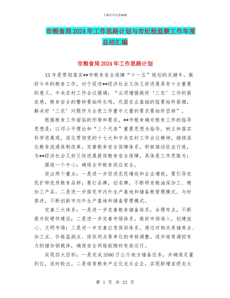 市粮食局2024年工作思路计划与市纪检监察工作年度总结汇编_第1页
