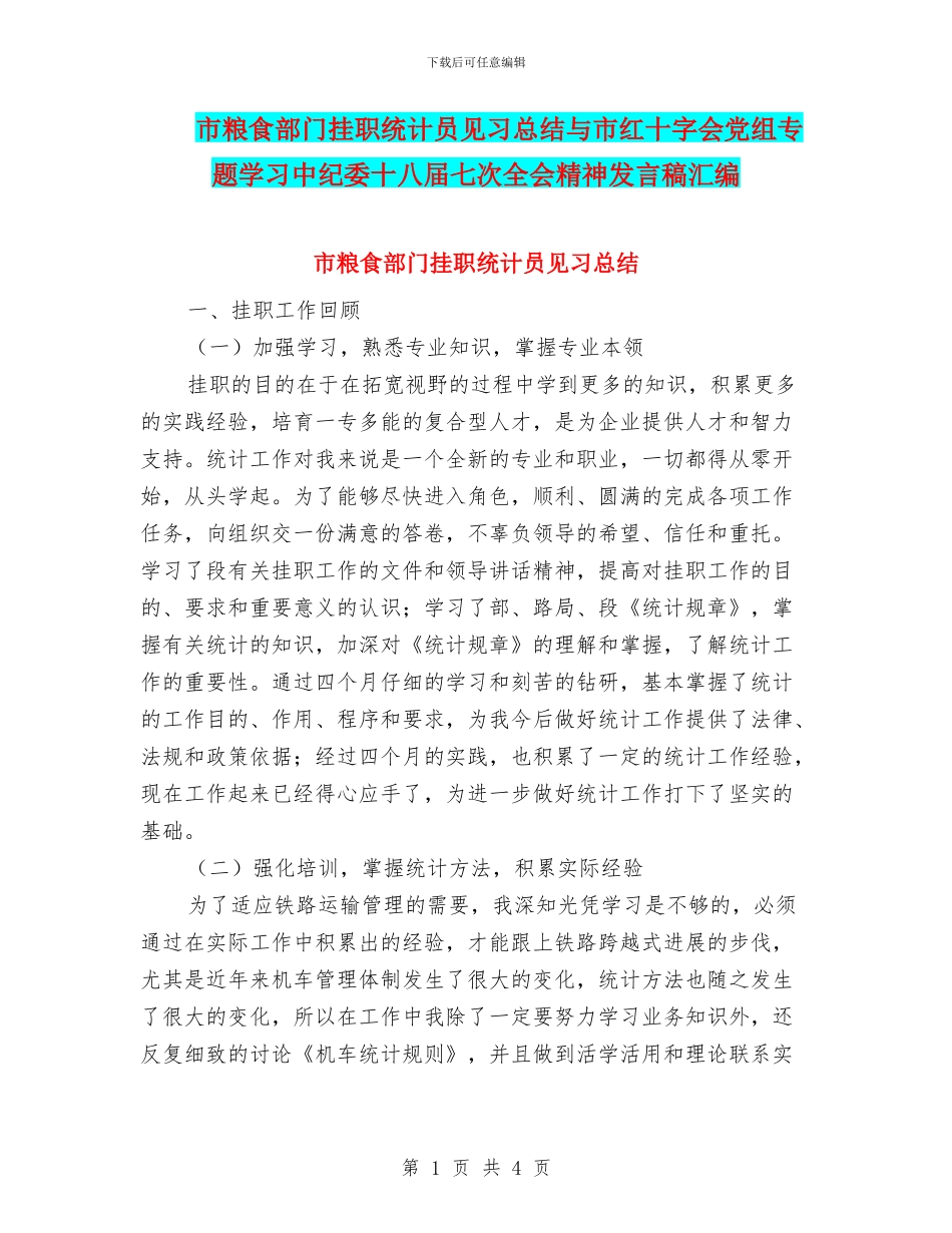 市粮食部门挂职统计员见习总结与市红十字会党组专题学习中纪委十八届七次全会精神发言稿汇编_第1页