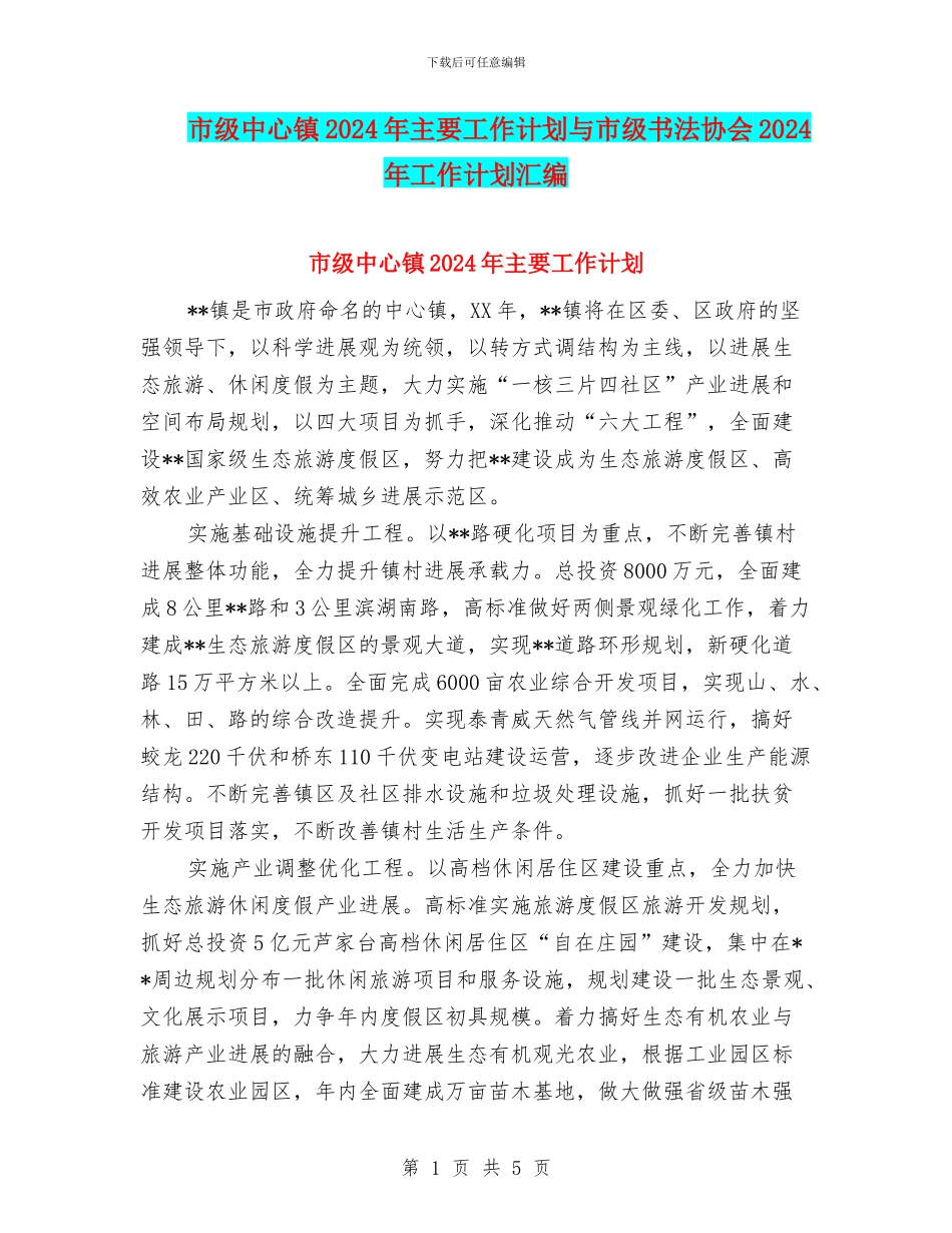 市级中心镇2024年主要工作计划与市级书法协会2024年工作计划汇编_第1页