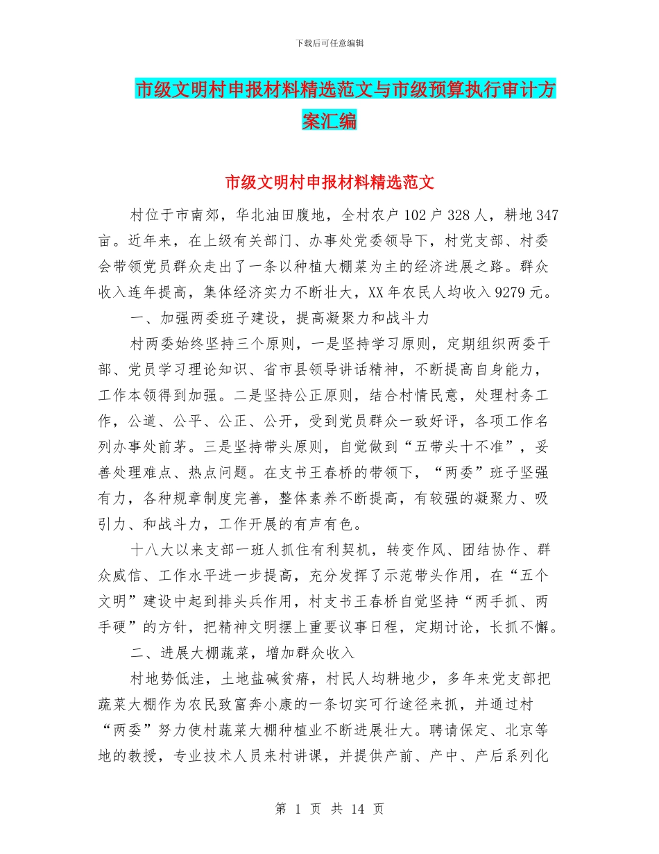 市级文明村申报材料精选范文与市级预算执行审计方案汇编_第1页