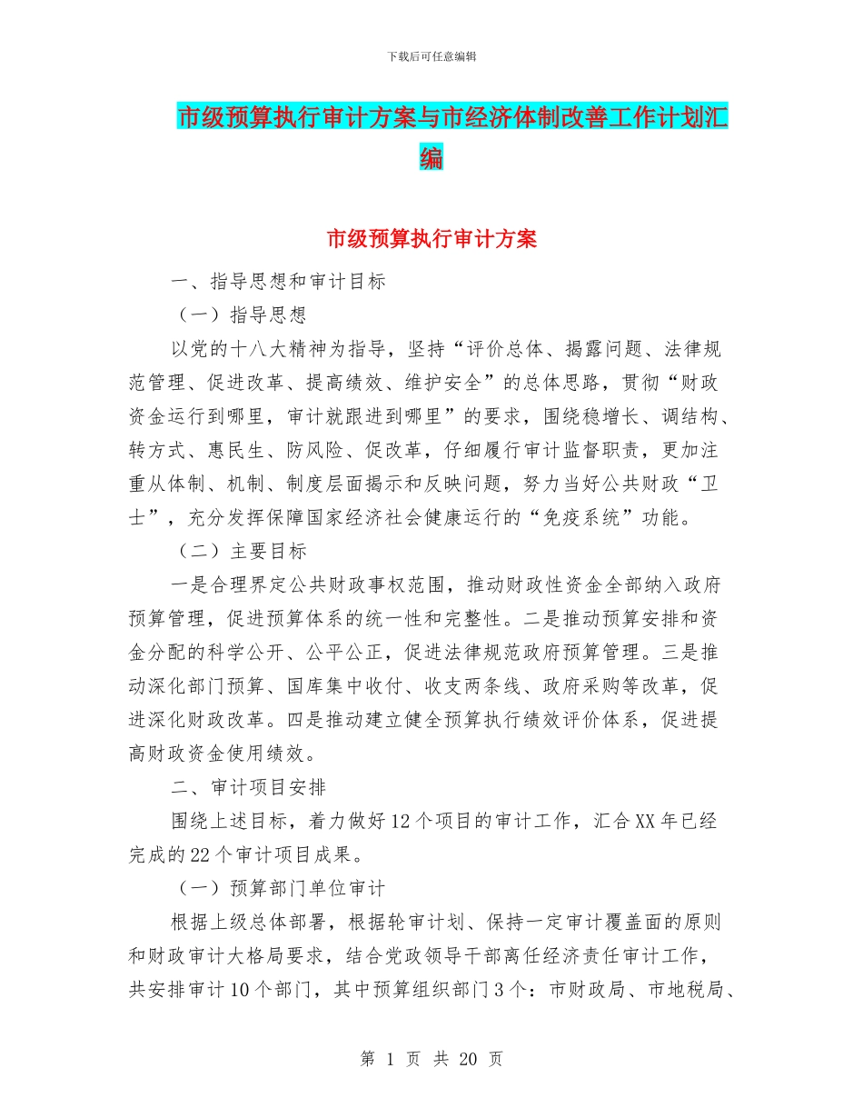 市级预算执行审计方案与市经济体制改善工作计划汇编_第1页