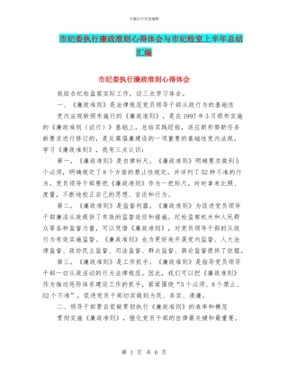 市纪委执行廉政准则心得体会与市纪检室上半年总结汇编