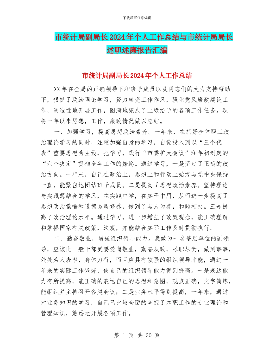 市统计局副局长2024年个人工作总结与市统计局局长述职述廉报告汇编_第1页