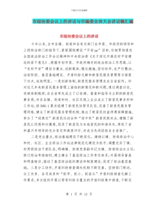市综治委会议上的讲话与市编委全体大会讲话稿汇编
