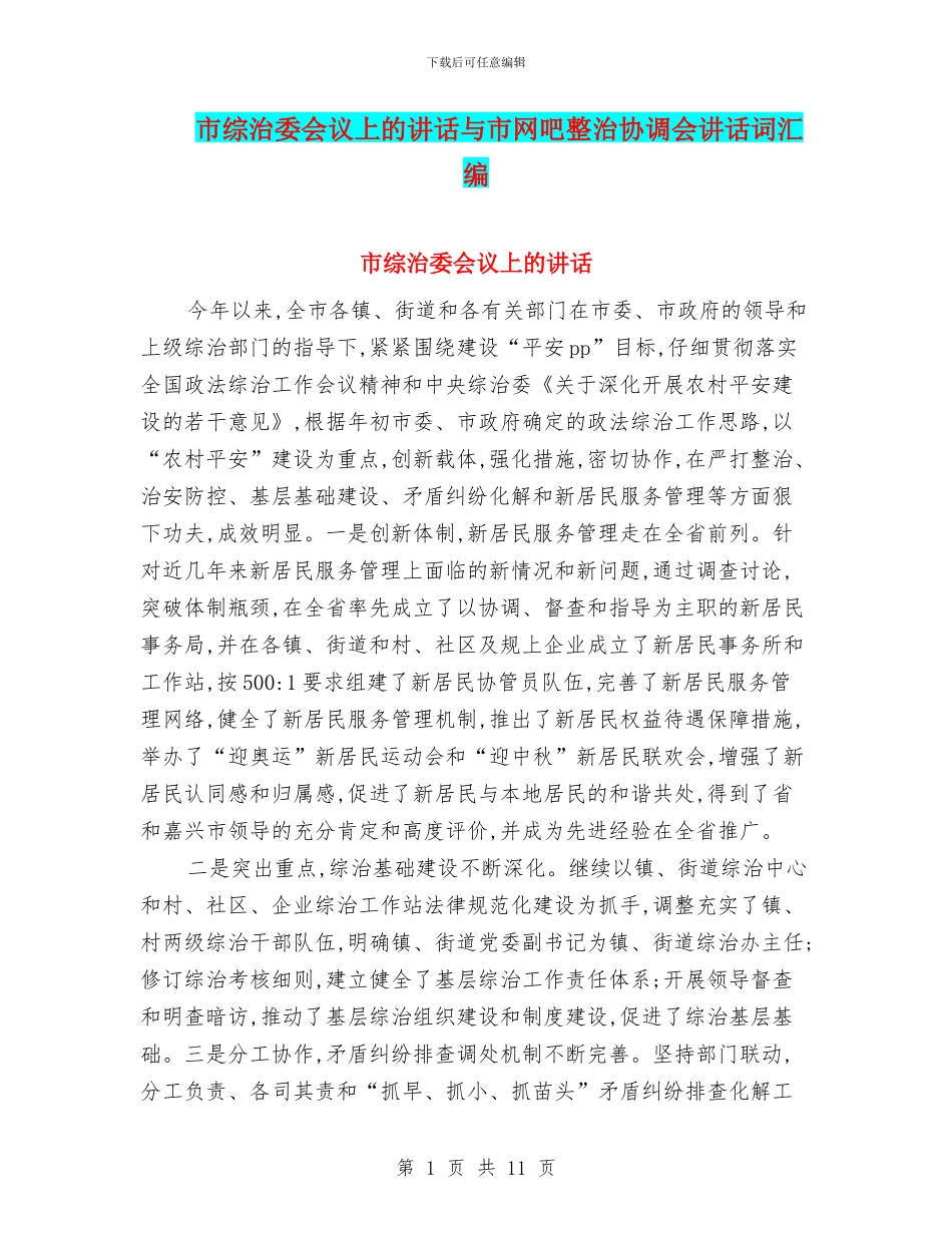 市综治委会议上的讲话与市网吧整治协调会讲话词汇编_第1页