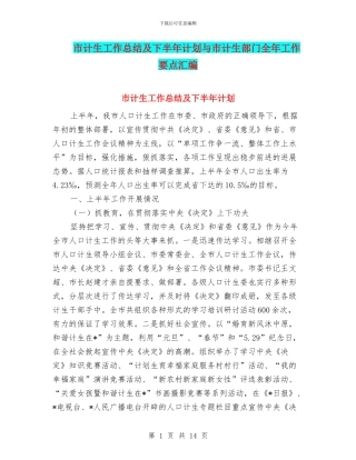 市计生工作总结及下半年计划与市计生部门全年工作要点汇编