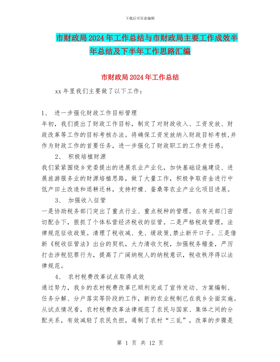 市财政局2024年工作总结与市财政局主要工作成效半年总结及下半年工作思路汇编_第1页
