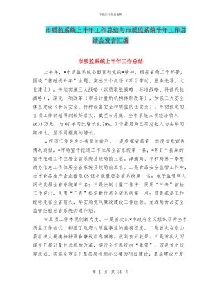 市质监系统上半年工作总结与市质监系统半年工作总结会发言汇编
