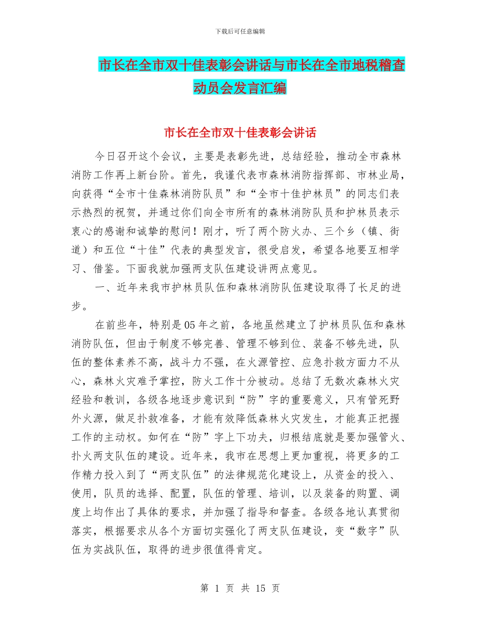 市长在全市双十佳表彰会讲话与市长在全市地税稽查动员会发言汇编_第1页