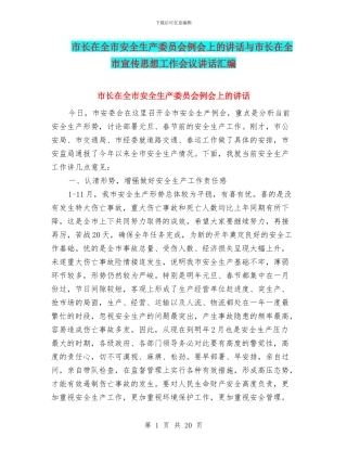 市长在全市安全生产委员会例会上的讲话与市长在全市宣传思想工作会议讲话汇编