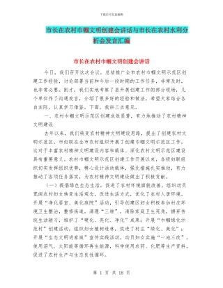 市长在农村巾帼文明创建会讲话与市长在农村水利分析会发言汇编