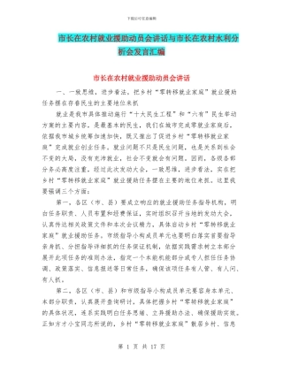 市长在农村就业援助动员会讲话与市长在农村水利分析会发言汇编