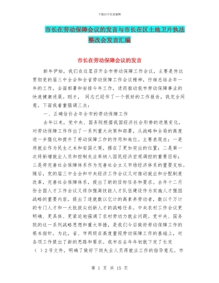 市长在劳动保障会议的发言与市长在区土地卫片执法整改会发言汇编
