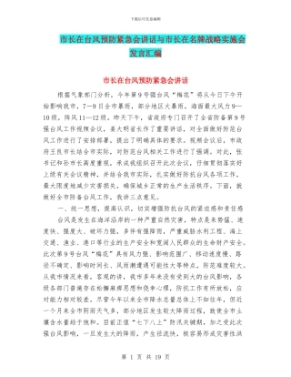 市长在台风预防紧急会讲话与市长在名牌战略实施会发言汇编