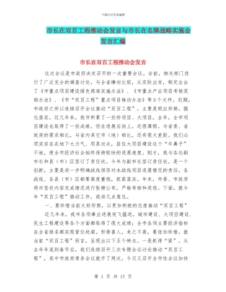 市长在双百工程推进会发言与市长在名牌战略实施会发言汇编