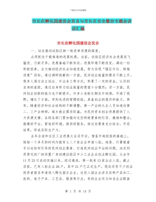 市长在孵化园建设会发言与市长在安全整治专题会讲话汇编