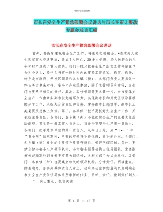 市长在安全生产紧急部署会议讲话与市长在审计整改专题会发言汇编