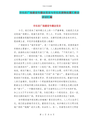 市长在广场建设专题会发言与市长在废物处置汇报会讲话汇编