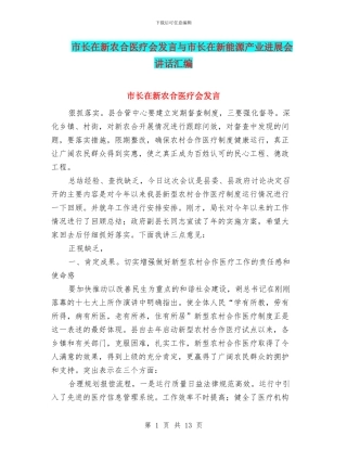 市长在新农合医疗会发言与市长在新能源产业发展会讲话汇编