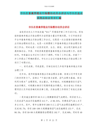 市长在畜禽养殖业污染整治动员会讲话与市长在盐业系统总结会发言汇编
