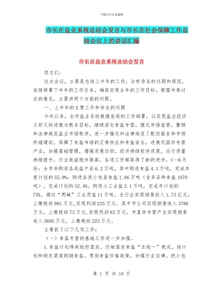 市长在盐业系统总结会发言与市长在社会保障工作总结会议上的讲话汇编