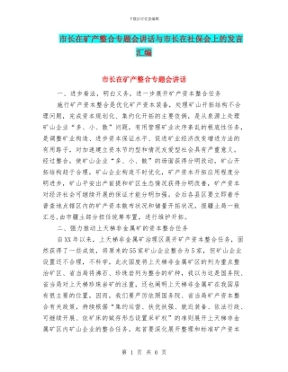 市长在矿产整合专题会讲话与市长在社保会上的发言汇编