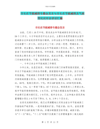 市长在节能减排专题会发言与市长在节能减排及气候变化应对会讲话汇编