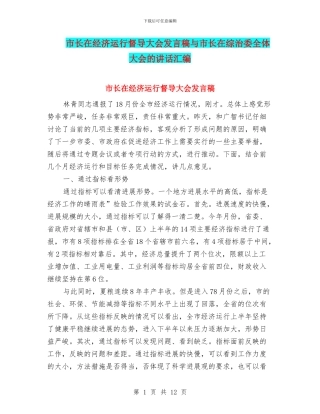 市长在经济运行督导大会发言稿与市长在综治委全体大会的讲话汇编